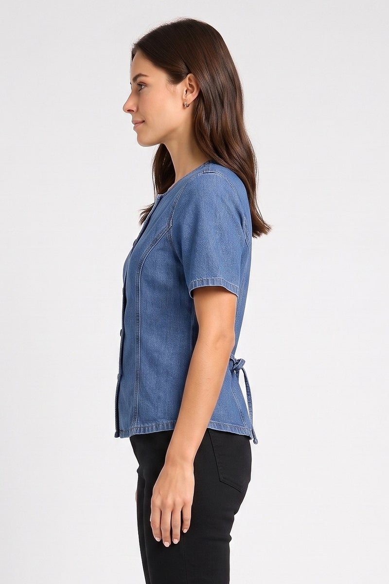 Threadbare Women Round Neck Short Sleeve Washed Denim Waistcoat, Blue - Image 3