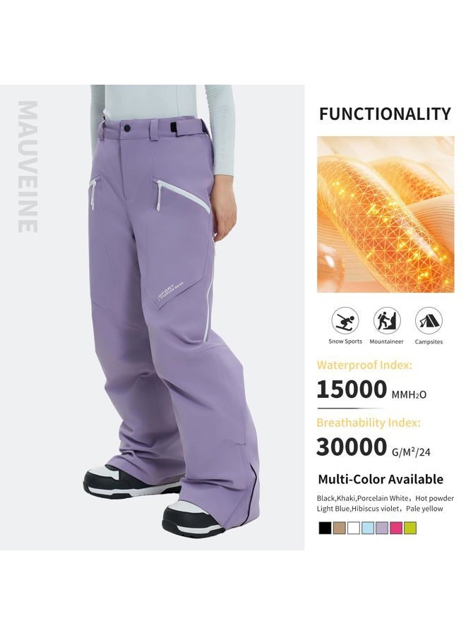 HIGH EXPERIENCE Ski Pants Snow Snowboard Pants Waterproof Insulated Baggy Windproof Hiking Winter Warm for Men Women (Light Purple, Small) - Image 3