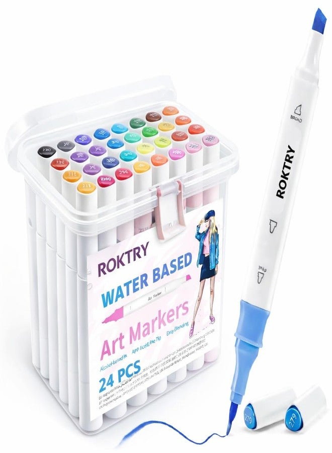 ROKTRY 24 Colors Water Based Markers - Dual Tip Brush & Fine Tip Pens, Professional Art Markers for Adult Coloring, Hand Lettering & Sketching, Non-Bleed Water Soluble Ink with Portable Travel Case - Image 1