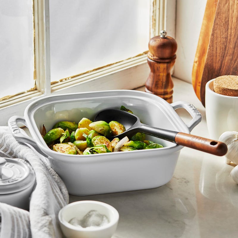 STAUB Serving Spoon, Great for Scooping Sides and Serving Hearty Stews, Durable BPA-Free Matte Black Silicone, Acacia Wood Handles, Safe for Nonstick Cooking Surfaces - Image 2
