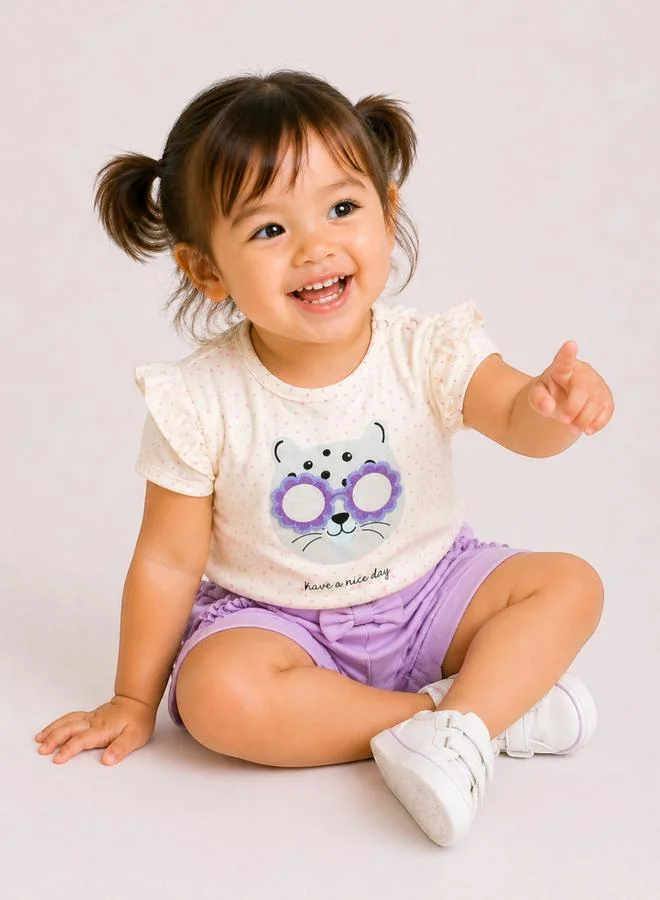Victor And Jane Bear Graphic Top and Lilac Bow Shorts Set