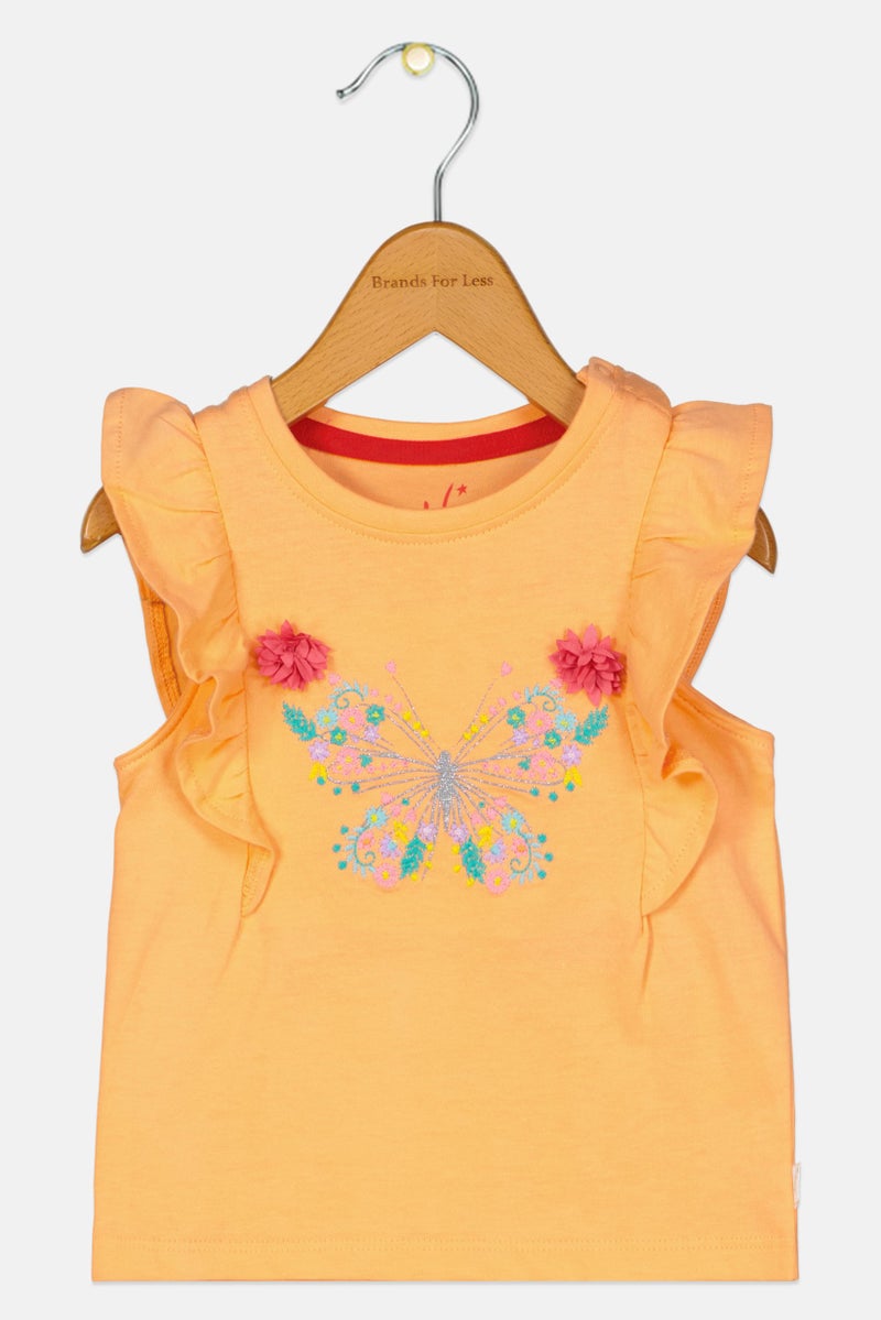 Hamleys Toddlers Girl Crew Neck Ruffle Sleeve Embroidered Top, Orange - Image 1