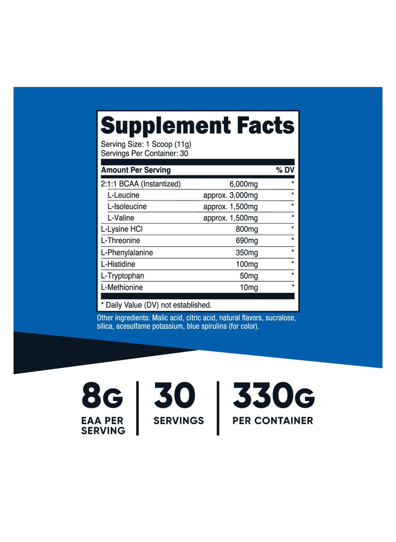 EAA Essential Amino Acids, 8g EAA Per Serving 30 SERVINGS | 330 G per container Blue Raspberry Naturally And Artificially Flavored Net WT. 11.8 OZ (330 G)
