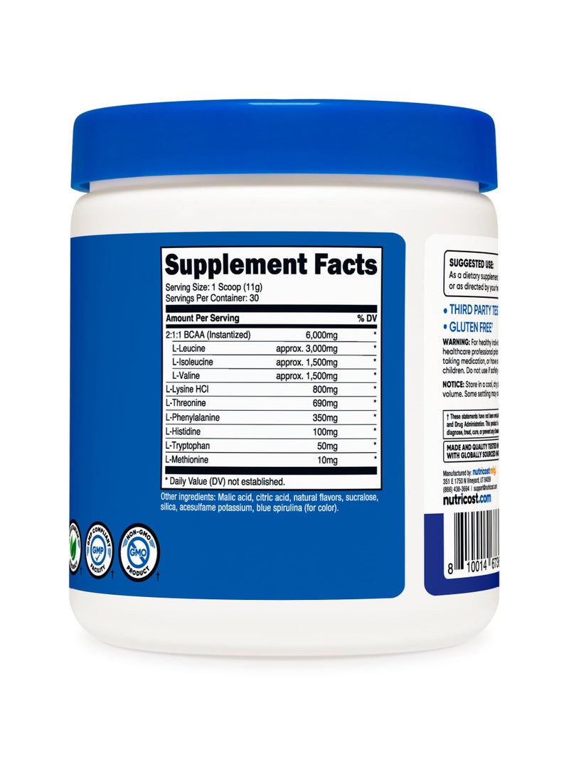 EAA Essential Amino Acids, 8g EAA Per Serving 30 SERVINGS | 330 G per container Blue Raspberry Naturally And Artificially Flavored Net WT. 11.8 OZ (330 G)