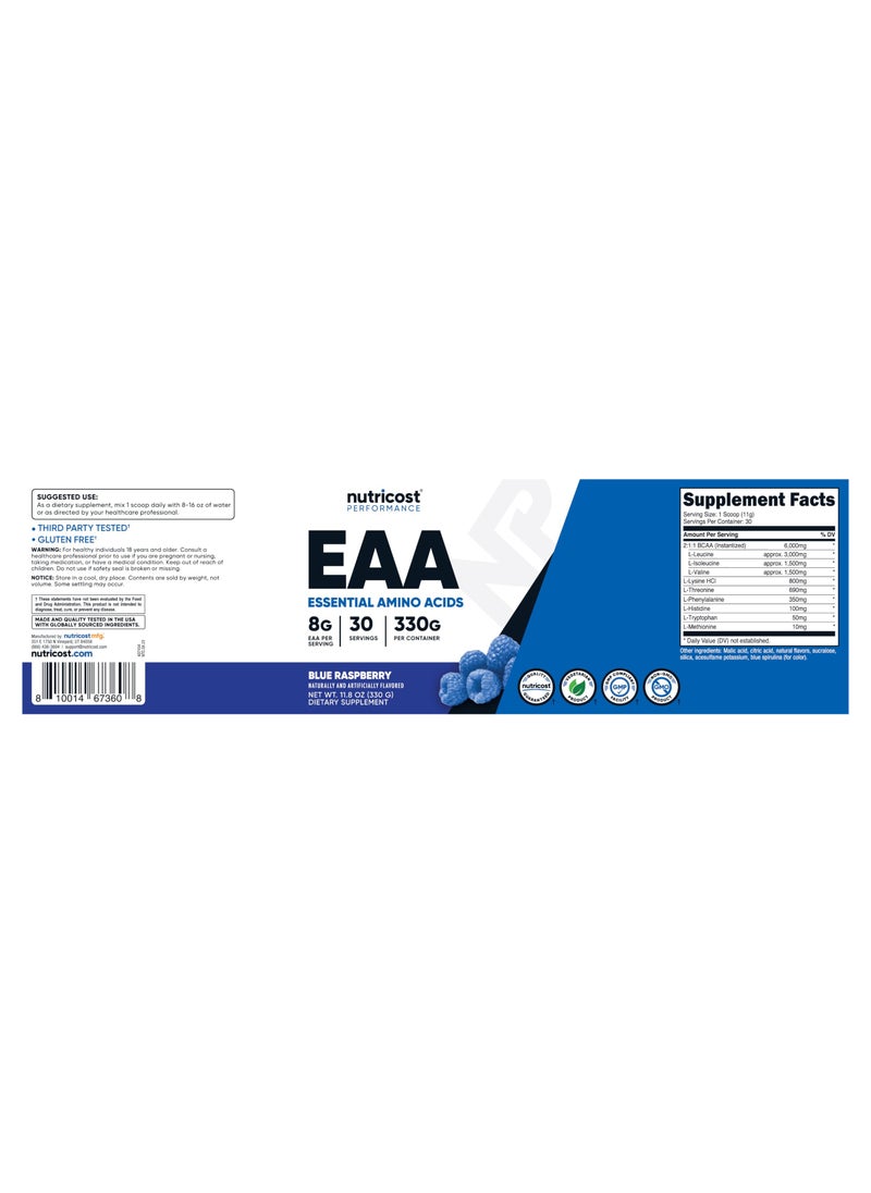 EAA Essential Amino Acids, 8g EAA Per Serving 30 SERVINGS | 330 G per container Blue Raspberry Naturally And Artificially Flavored Net WT. 11.8 OZ (330 G)