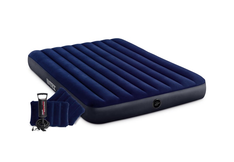 Intex 64765E Dura-Beam Standard Classic Air Mattress with Inflatable Pillows: Fiber-Tech - Queen Size - Hand Pump - 10in Bed Height - 600lb Weight Capacity - Image 1