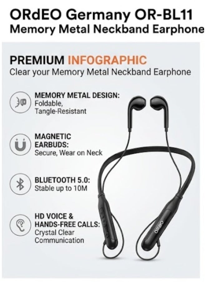 ORdEO Wireless Earphone, Stable transmission within 10 M., Magnetic Neckband Design with Memory Metal, Stable Transmission & Continuous Connection, Voice Dial & Hands-Free Calling, Long Lasting Battery. - Image 3