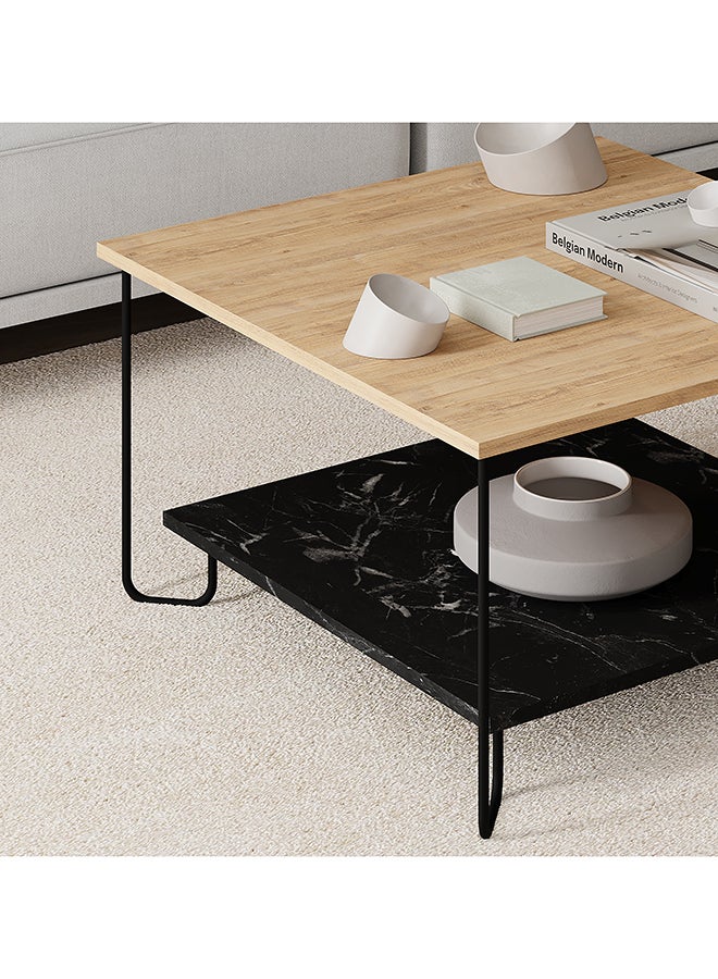 موراه هوم Marbo Modern Square Coffee Table Centre Table For Living Room Office Industrial Sofe Table With Metal Legs Versatile Design| For Small Spaces Living Room|80X80X45Cm (Oak/Marble Black) - Image 3