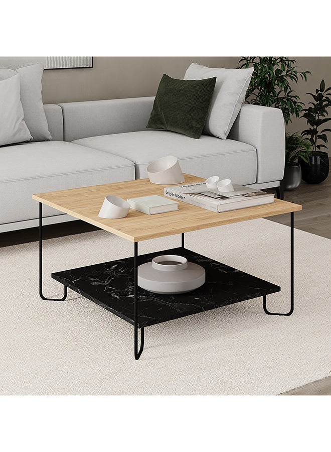 موراه هوم Marbo Modern Square Coffee Table Centre Table For Living Room Office Industrial Sofe Table With Metal Legs Versatile Design| For Small Spaces Living Room|80X80X45Cm (Oak/Marble Black) - Image 1