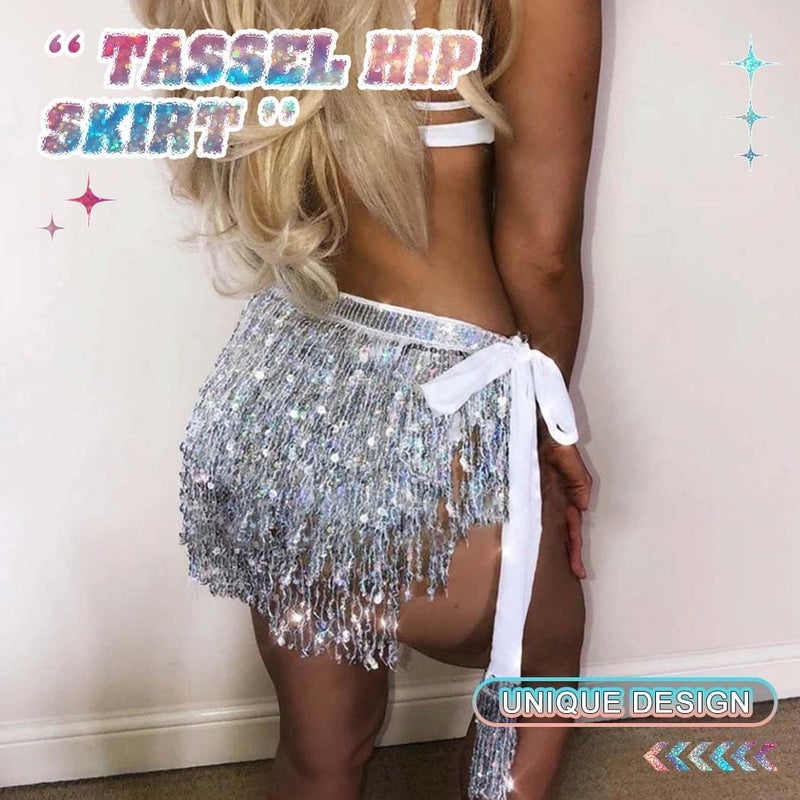 REETAN Fringe Sequin Skirt Belly Dance Sparkly Rave Skirts for Women - Image 2