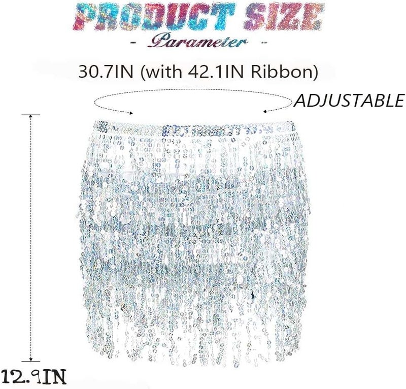 REETAN Fringe Sequin Skirt Belly Dance Sparkly Rave Skirts for Women - Image 3