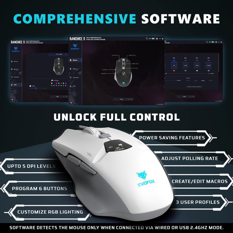 EvoFox Banshee 2 Wireless Mouse with Display for Gaming&Office Professionals Tri-Mode(2X BT,2.4G&Wired)| PixArt Sensor, 1000Hz Polling Rate, 12,000 DPI, 6 Programmable Buttons, Software Support - Image 5