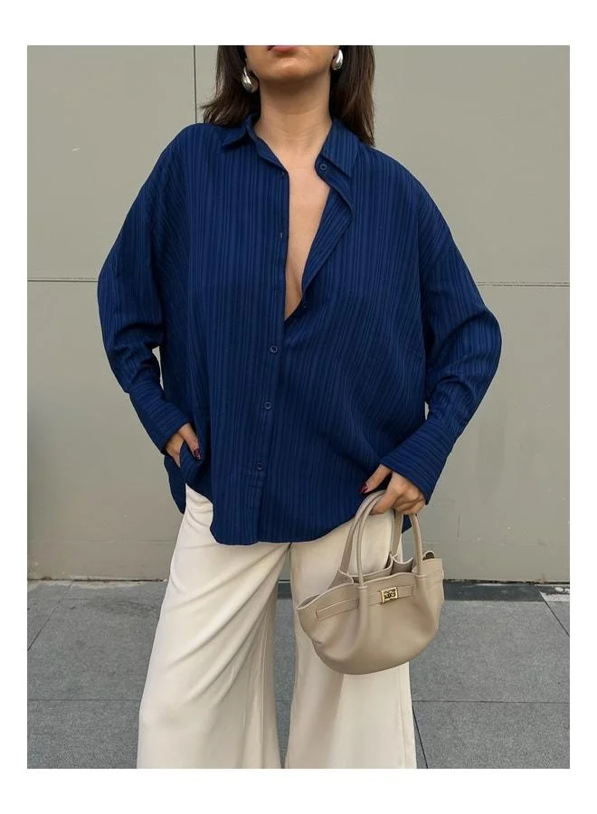 mina aise Navy Oversize Wide-Cuff Women's Shirt 27384