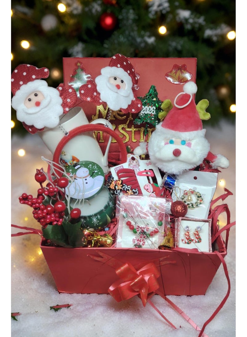 Christmas gift box + 9 gifts (Santa Claus pendant 20 cm + children's talk card, elastic and clips 14 pieces + Christmas pin brooch + Christmas earrings + large cup holder + scented candle + bracelet and ring accessory set + Santa Claus collar clip + 15 cm cherry tree branch) - Image 1