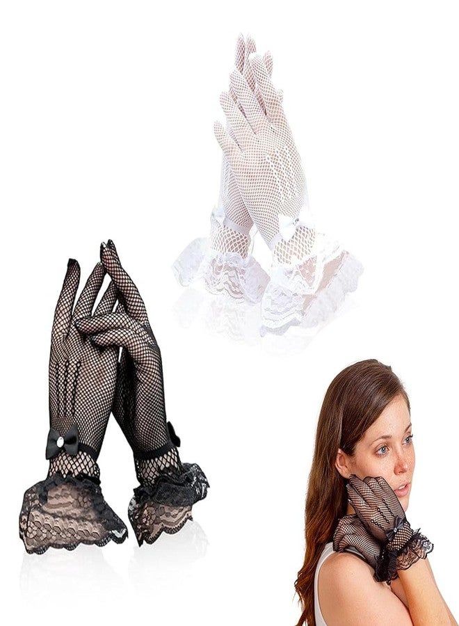 Aeenioy 2 Pairs Net Gloves for Women, Elegant Lace Gloves for Wedding Bride White, Black Gloves for Gothic Party, Stylish Cordsets for Women, Lace Dress Accessories - Image 1