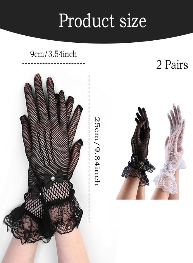 Aeenioy 2 Pairs Net Gloves for Women, Elegant Lace Gloves for Wedding Bride White, Black Gloves for Gothic Party, Stylish Cordsets for Women, Lace Dress Accessories - Image 2