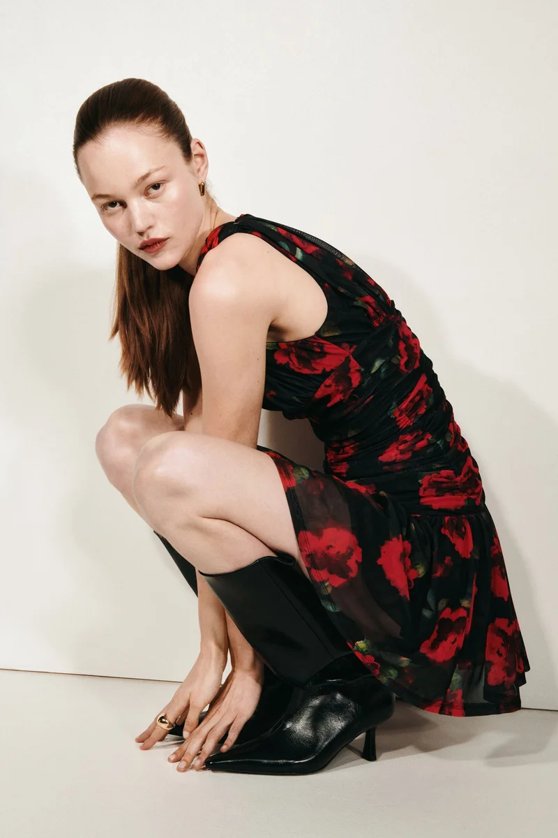 Ruched flared-skirt dress