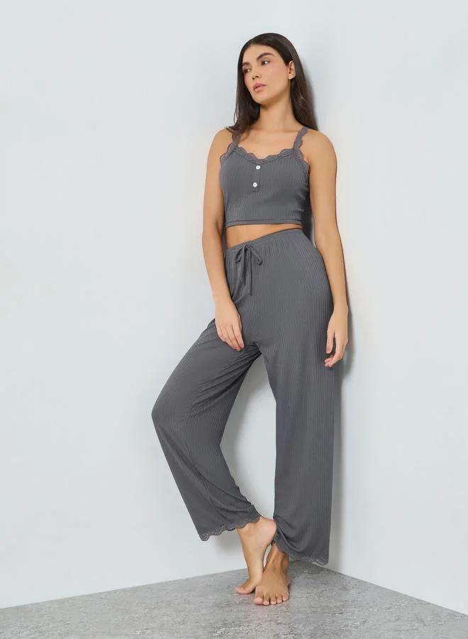 Take Two Grey Knit Crop Cami and Pyjama Set