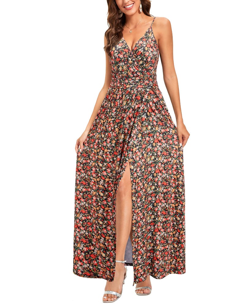 Newshows Women's Summer 2025 Dresses V Neck Spaghetti Strap Backless Casual Boho Western Vestidos Long Maxi Wedding Guest Dress (Black Floral Red, Small) - Image 4