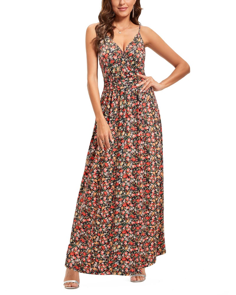 Newshows Women's Summer 2025 Dresses V Neck Spaghetti Strap Backless Casual Boho Western Vestidos Long Maxi Wedding Guest Dress (Black Floral Red, Small) - Image 3