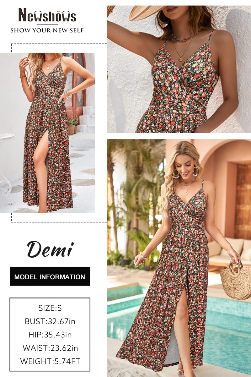 Newshows Women's Summer 2025 Dresses V Neck Spaghetti Strap Backless Casual Boho Western Vestidos Long Maxi Wedding Guest Dress (Black Floral Red, Small) - Image 2