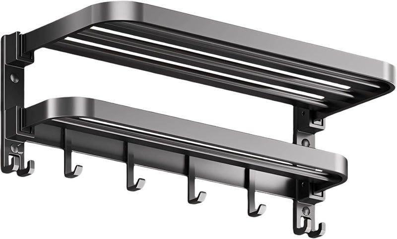 40 Cm Towel Rack with Shelf, Wall Mounted for Bathroom, Gray, 4 Hooks, Space-Saving Design, Easy Installation - Image 1