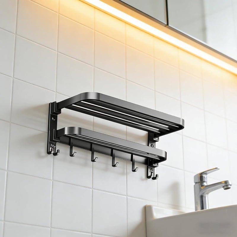 40 Cm Towel Rack with Shelf, Wall Mounted for Bathroom, Gray, 4 Hooks, Space-Saving Design, Easy Installation - Image 5