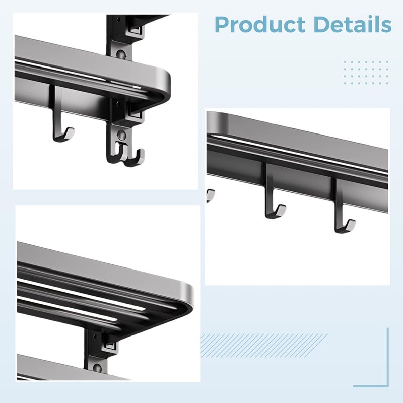 40 Cm Towel Rack with Shelf, Wall Mounted for Bathroom, Gray, 4 Hooks, Space-Saving Design, Easy Installation - Image 2