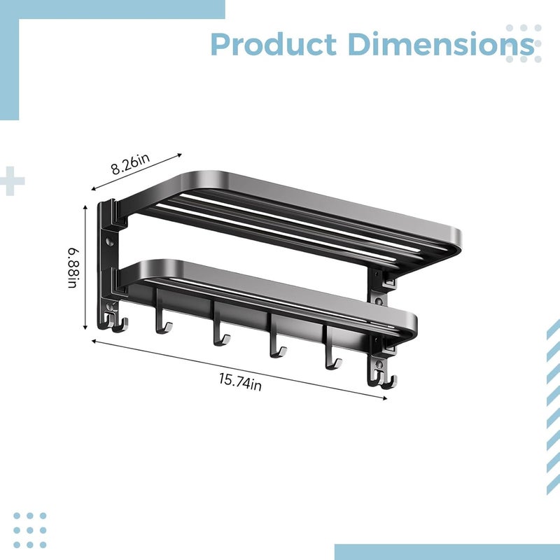 40 Cm Towel Rack with Shelf, Wall Mounted for Bathroom, Gray, 4 Hooks, Space-Saving Design, Easy Installation - Image 3