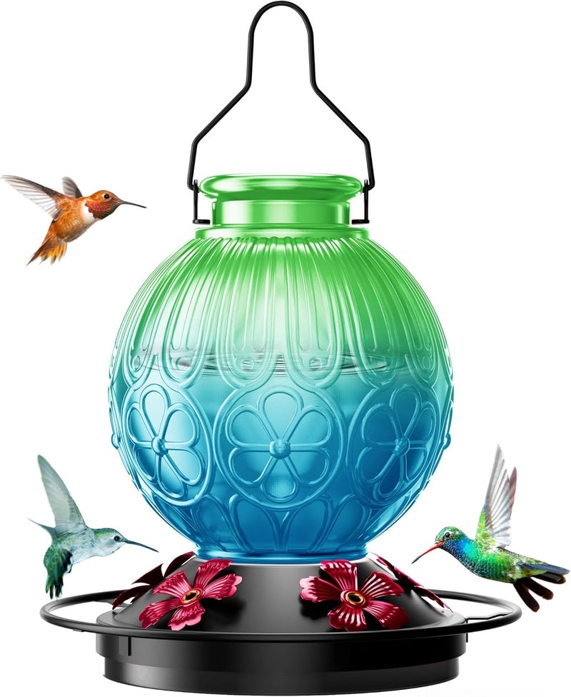 علف الطيور من نوع “Hummingbird” بسعة 26 أونصة للاستخدام في الهواء الطلق، علف طيور من الزجاج العتيق مزود بمكان للجلوس للطيور، متين وسهل التنظيف، علف معلق للرحيق مناسب للحدائق والأراضي الخلفية والتراسات – هدية لعشاق الطيور (لون أخضر) - Image 1