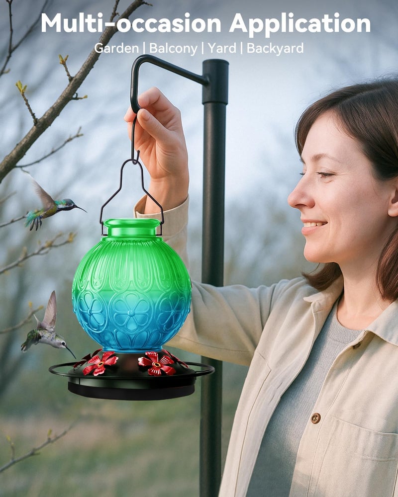 علف الطيور من نوع “Hummingbird” بسعة 26 أونصة للاستخدام في الهواء الطلق، علف طيور من الزجاج العتيق مزود بمكان للجلوس للطيور، متين وسهل التنظيف، علف معلق للرحيق مناسب للحدائق والأراضي الخلفية والتراسات – هدية لعشاق الطيور (لون أخضر) - Image 3