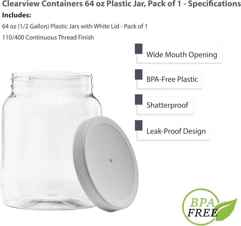 CLEARVIEW CONTAINERS Plastic Storage Jars with Leak Proof Lids, BPA Free, Hand Wash Only (64oz, 1PK White) - Image 4