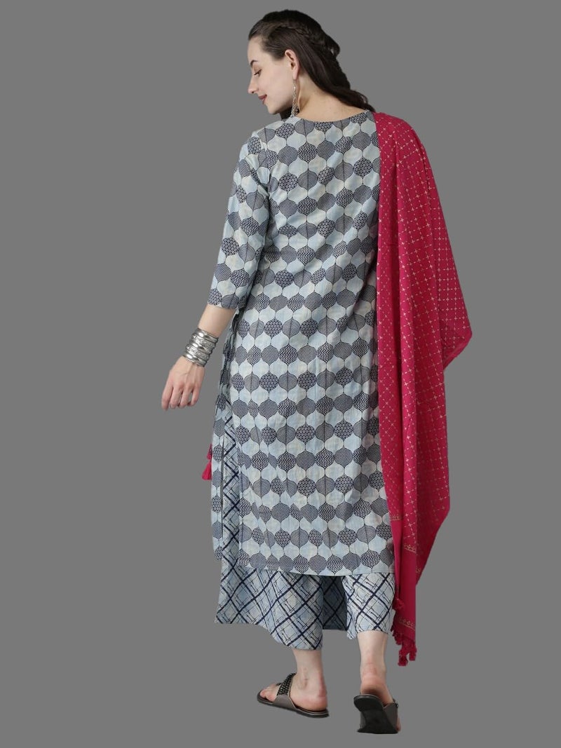 Jaffix Women's Rayon Blend Anarkali Printed Kurta with Pant & Dupatta & Printed,Women's Cotton Regular Fit,Lightweight Casual Wear (IN, Alpha, S, Regular, Standard, Grey) - Image 3
