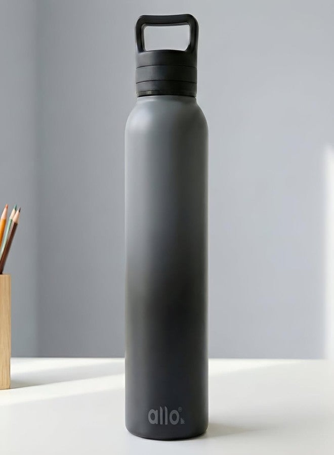 Allo Steel Water Bottles Stainless Steel Water Bottle For Adults, Kids 1 Litre Water Bottles For School, Office, Sports, Gym 1L Water Bottle For Men And Women, Dark Grey And Black Handle Cap, 1000ml - Image 1