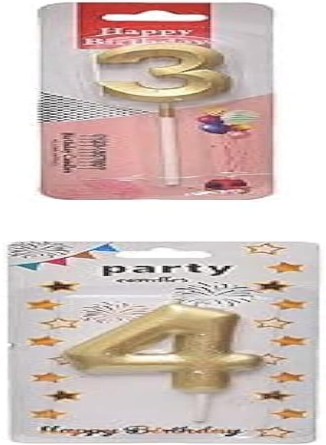 Small birthday glitter candle with number 3 design for cake decoration - gold + Large birthday glitter candle with number 4 design for cake decoration - gold