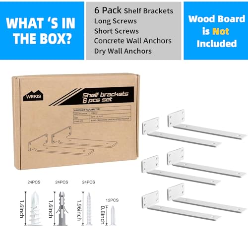 WEKIS Shelf Brackets, Heavy Duty Floating Shelf Brackets 10-Inch Long, 6-Pack Brackets for Shelves, Matte White L Hidden Metal Wall Shelf Support Shelving Brackets, 1/5-Inch Thick 160 lb. Load Capacity - Image 4