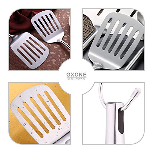 GXONE Stainless Steel Slotted Spatula,Cooking Utensil For Kitchen Use With Hollow Handle,Silver/14.9Inch - Image 4