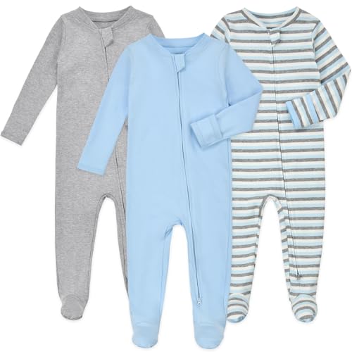 Aablexema Baby Footie Pajamas with Mittens - 3Pcs Infant Cotton Footed One Piece Sleepwear Outfits(Blue/Grey/Stripe,3-6m) - Image 1