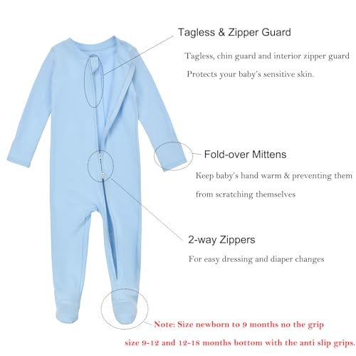 Aablexema Baby Footie Pajamas with Mittens - 3Pcs Infant Cotton Footed One Piece Sleepwear Outfits(Blue/Grey/Stripe,3-6m) - Image 4