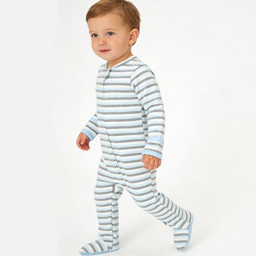 Aablexema Baby Footie Pajamas with Mittens - 3Pcs Infant Cotton Footed One Piece Sleepwear Outfits(Blue/Grey/Stripe,3-6m) - Image 3
