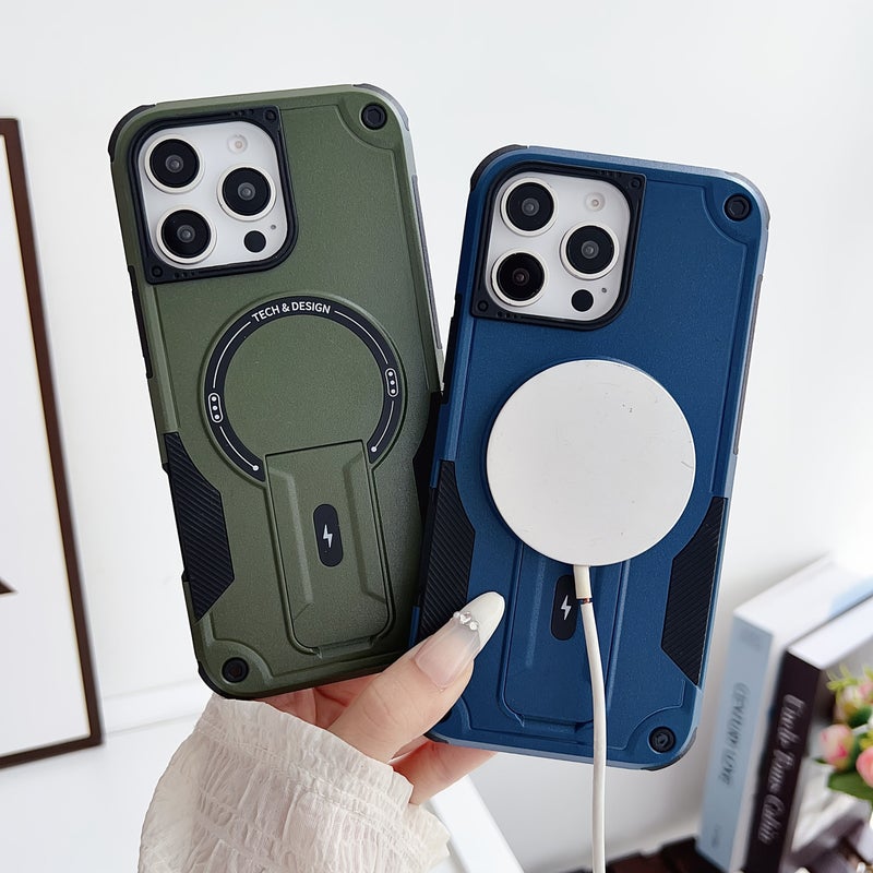 Heavy Duty Mechanical Armor Style Case Magnetic Adsorption Anti Slip Design Hidden Stand For iPhone 13 Grey Full Coverage Protection - Image 4