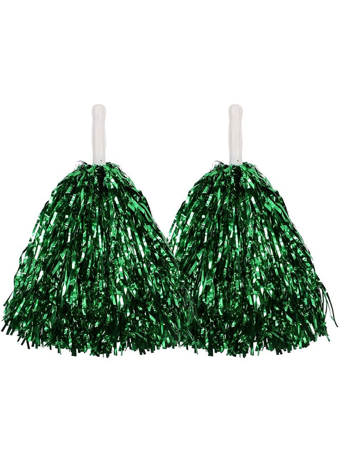 Goldedge Metallic Foil Plastic Cheerleading Pom Poms with Baton Handle for Stage Performance 2-Pieces Set, Green  - Image 1