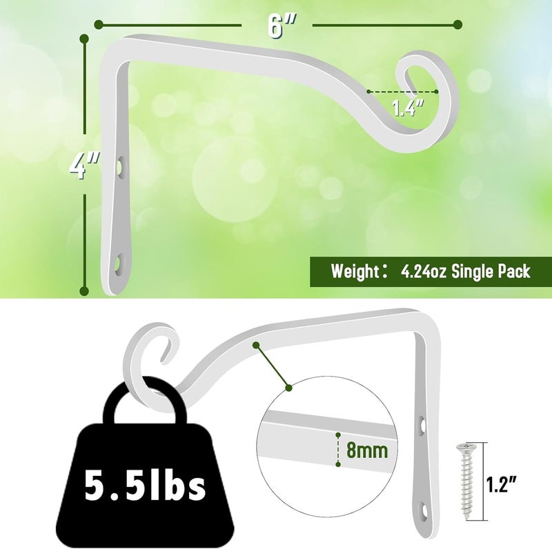 FEED GARDEN Hand-Forged Hanging Plant Bracket Iron Wall Hook for Hanging Plant,Bird Feeders, Wind Chimes, Flower Baskets, Lanterns, Yoga Mat, Indoor/Outdoor Use 6 Inch 2 Pack, White - Image 2