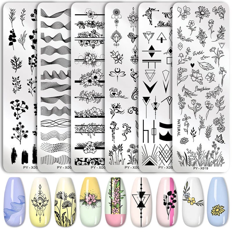 AUOCATTAIL Stamping Plates Nail Art Set Flower Minimalist Geometric Lines Leaves Pattern Theme Image DIY Nail Art Stamp Plate Stamper Kit 6Pcs