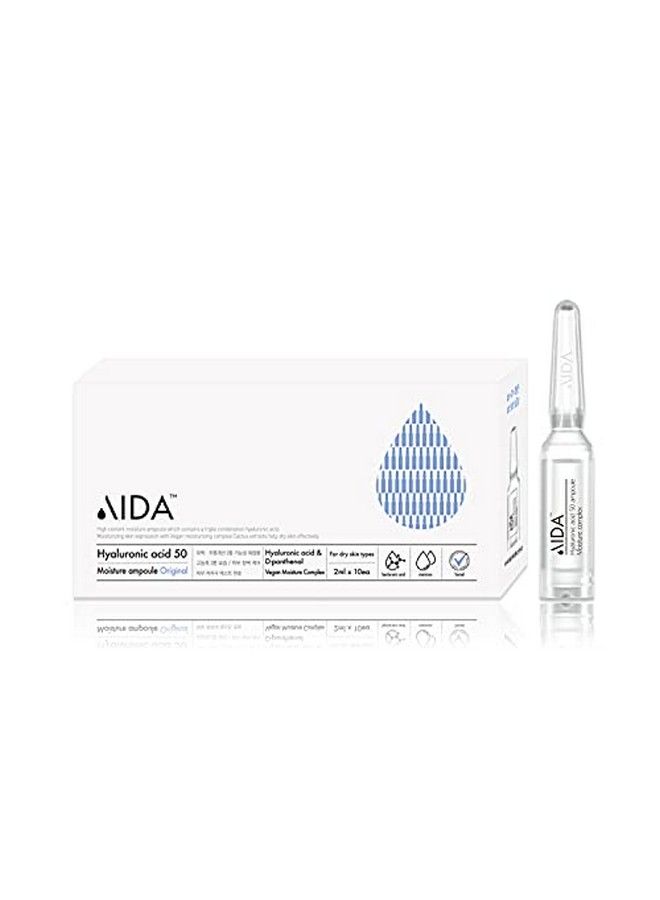 Aida Hyaluronic Acid 50 Moisture Ampoule Original (2021 Plastic Vials) 10Ea Dry Skin Day & Night Skincare Serum Brightening Moisturizing - Image 1