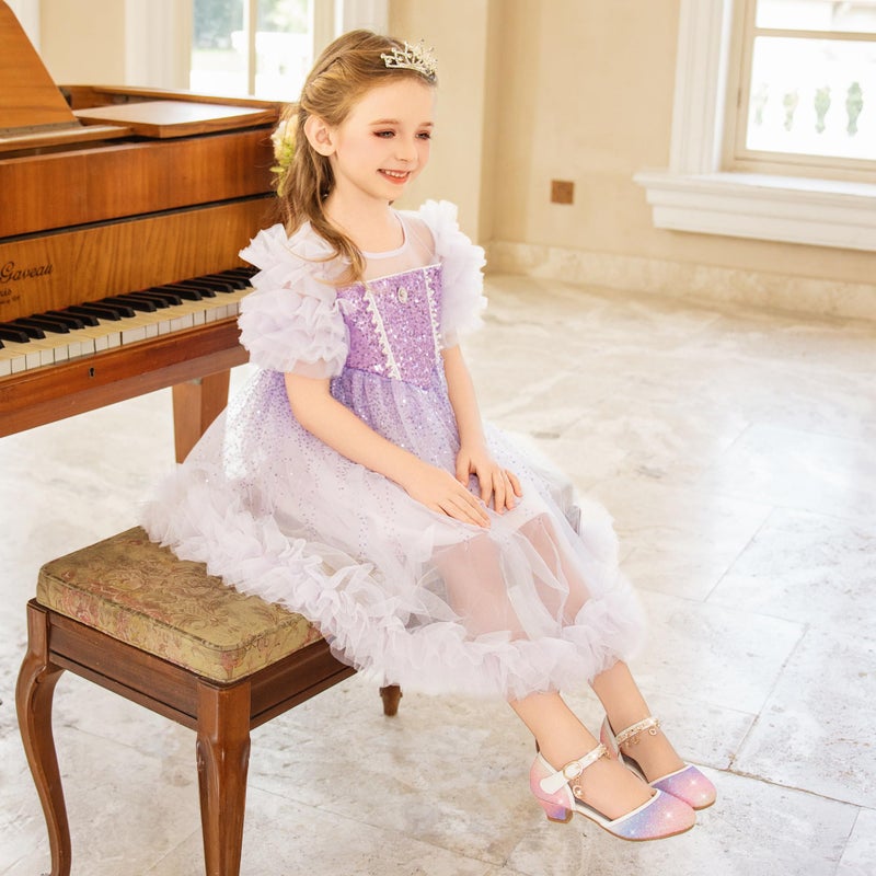 Furdeour Girls Sandals Heels Flower Wedding Party Starry Purple Little Kid Princess for Toddler High Heel Size 12(2902StaPurple 12) - Image 3