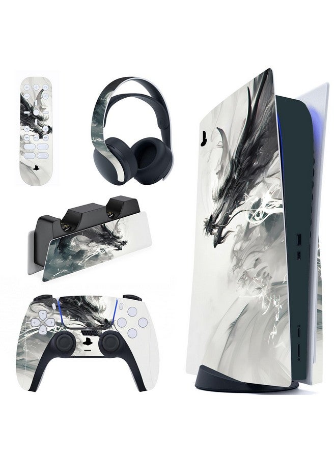 playvital Full Set Skin Decal For Ps5 Console Disc Edition, Vinyl Sticker Decal Cover For Ps5 Controller & Charging Station & Headset & Media Remote Ink Spirit Dragon - Image 1
