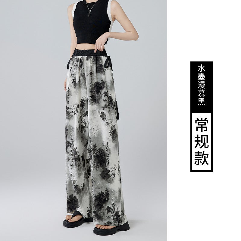 New Chinese Style National Style Pants Womens 2024 Summer High Waist Draped Ink Painting Wide Leg Pants Slimming Straight Pants 7828-ink diffuse black