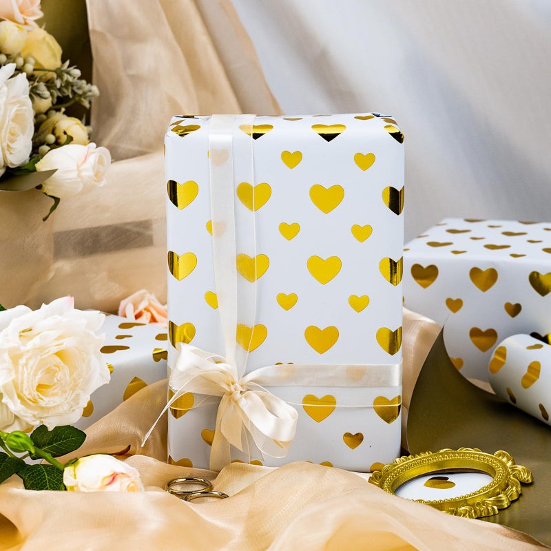 Yarcony Wedding Wrapping Paper Roll, Heart Gift Wrapping Paper, Elegant Golden Heart Design Valentines Gift Wrap for Birthday, Anniversary, Engagement, Valentine's Day, Bridal Shower(17 Inch X 33 Feet) - Image 4