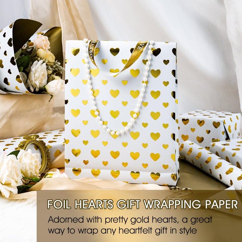 Yarcony Wedding Wrapping Paper Roll, Heart Gift Wrapping Paper, Elegant Golden Heart Design Valentines Gift Wrap for Birthday, Anniversary, Engagement, Valentine's Day, Bridal Shower(17 Inch X 33 Feet) - Image 2